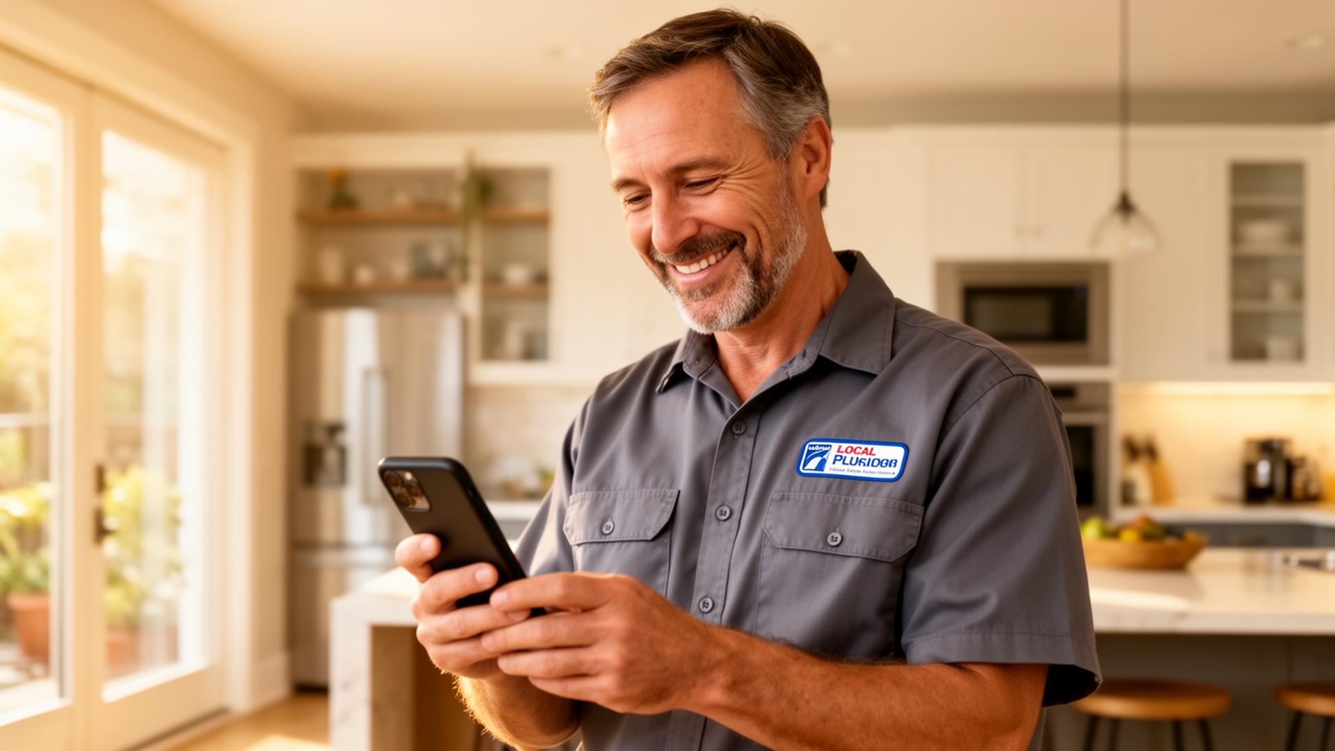 A local plumber relaxed and confident, knowing his AI assistant is answering every call.